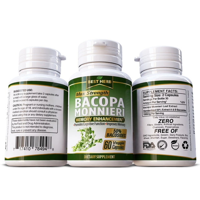 Bacopa Monnieri 1000Mg Supplement - 60 Pills - Memory Enhancement Promotes Cognitive Function