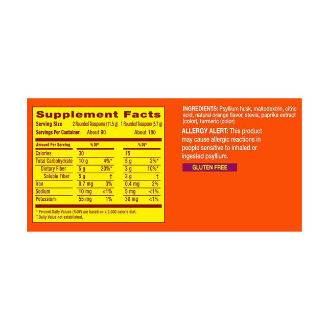 Metamucil Psyllium Stevia Fiber Supplement Powder, Orange, 180 Tsp