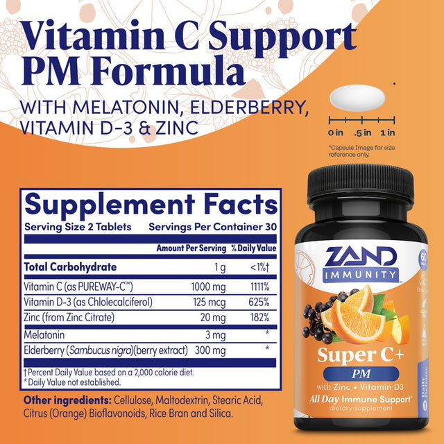 Zand Immunity Super C+ PM, Nighttime Immune Support plus Melatonin, 1000Mg Pureway-C Vitamin C, Zinc, D3 & Elderberry, Enhanced Absorption - 60 Tablets, 30 Servings