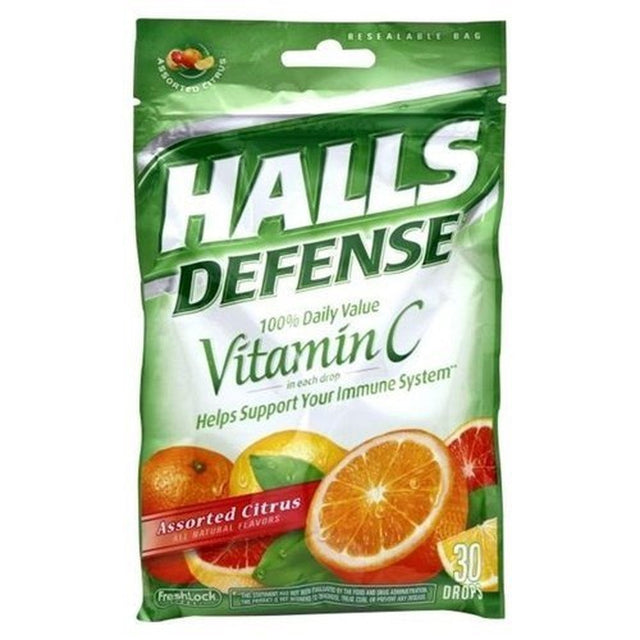 Halls Defense Vitamin C Assorted Citrus Supplement Drops (Pack of 12)