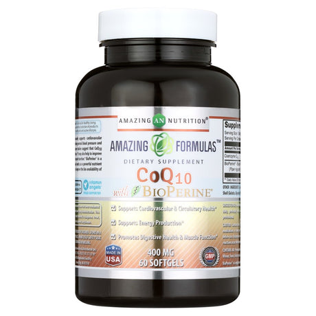 Amazing Formulas Coq10 (Coenzyme Q10) 400 Mg (Non-Gmo,Gluten Free)- 60 Softgels. Coenzyme Q10 Is Key for the Proper Function of Many Organs * Coq10 Primarily Supports Cardiovascular Health