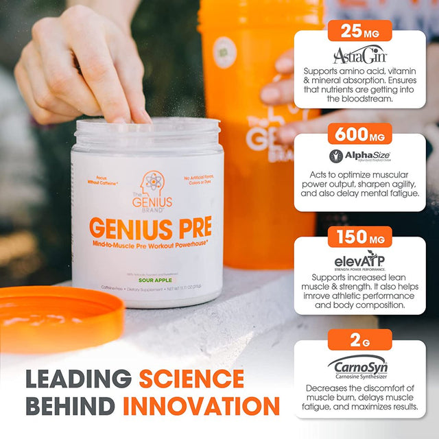 Pre-Workout Natural Energy Supplement Caffeine-Free Nootropic Focus & Muscle Building Support, Sour Apple, Genius Pre by the Genius Brand