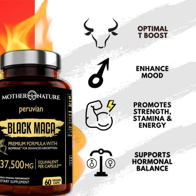 ORGANIC Black Maca Root Extract Highest Potency 50:1, 37,500Mg, 2 Month Supply, Boost Stamina, Performance, Energy, Muscle Gain & Workout, Peruvian Maca Pills W/Bioperine & Non-Gmo (60 Count)