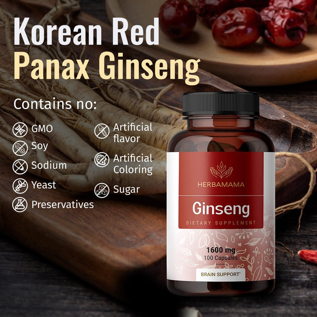 HERBAMAMA Red Ginseng Capsules - Korean Panax Extract - Energy & Brain Support, 100 Capsules