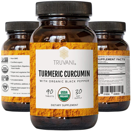 Truvani Organic Turmeric Curcumin Supplement with Black Pepper, 1350Mg, 30Ct