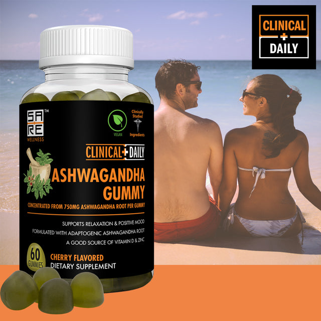 CLINICAL DAILY Ashwagandha Gummies for Women and Men - with Vitamin D and Zinc. Pure Ashwagandha Root Extract 30:1 Concentrate - Ashwagandha Complex Supplement for Sleep, Stress, Mood Support. 60 Ct