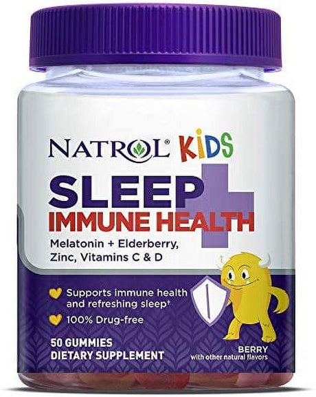 Natrol Kids Sleep+ Immune Health Aid Gummies with Melatonin, Zinc, Vitamin C and D, Elderberry, 50 Count