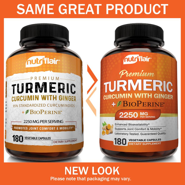 Turmeric Curcumin with Ginger and Bioperine Black Pepper Antioxidant Supplement, 180 Capsules - 100% Natural, Non-Gmo, Vegan Best Maximum Potency