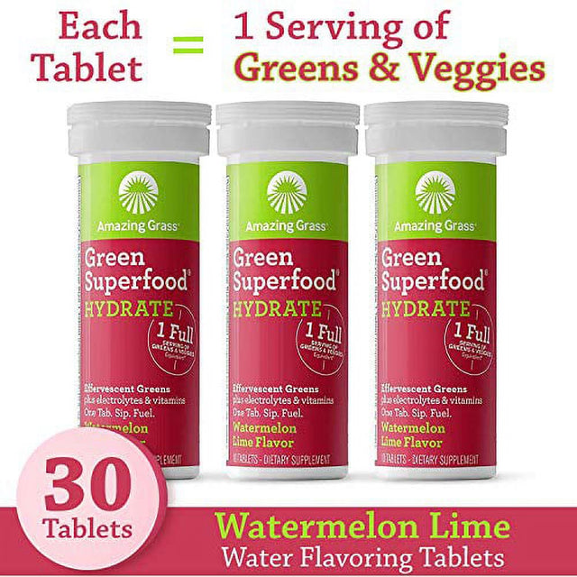 Amazing Grass Effervescent Electrolyte Tablets: Greens + Hydration Water Flavoring Tablet with Vitamins, Watermelon Lime, 30 Count