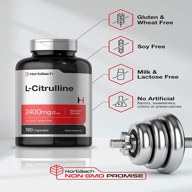 L Citrulline 2400 Mg per Serving | 180 Capsules | Maximum Strength, Free Form Amino Acid | Non-Gmo, Gluten Free L-Citrulline Supplement | by Horbaach