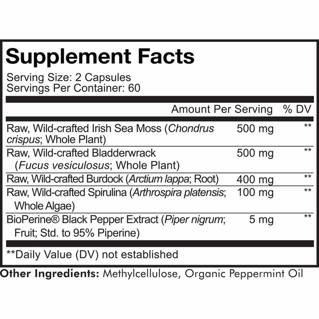 Codeage Raw Wildcrafted Irish Sea Moss, Bladderwrack, Burdock Root, Spirulina & Bioperine® Pepper, 120 Ct