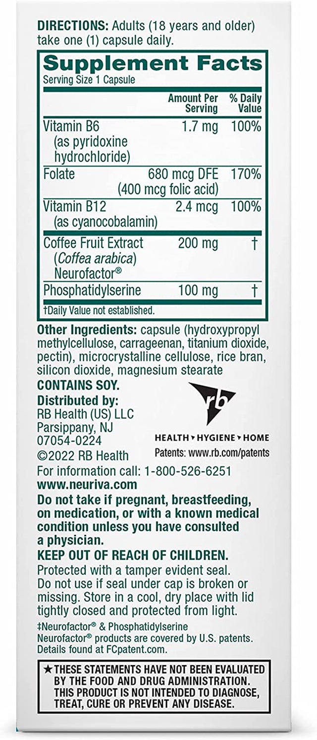 NEURIVA plus Brain Supplement for Memory, Focus & Concentration + Cognative Function with Vitamins B6 & B12 and Clinically Tested Nootropics Phosphatidylserine and Neurofactor, 30Ct Capsules