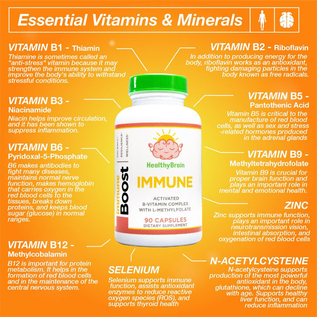 Healthybrain Immune Boost 90 Days Vitamin B1, B2, B3, B5, B6, B9, B12, Zinc, Selenium, N-Acetyl-Cysteine (NAC)