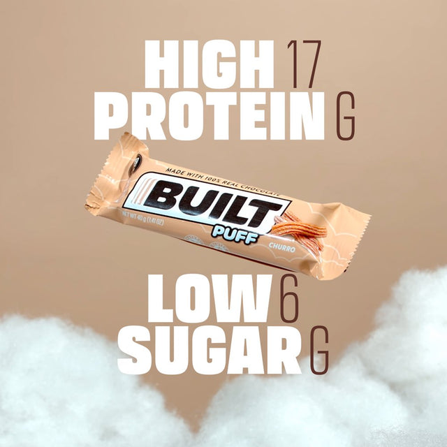 BUILT Puff Protein Bar, Collagen, Gluten Free, Low Sugar, Churro, 12 Bar Box