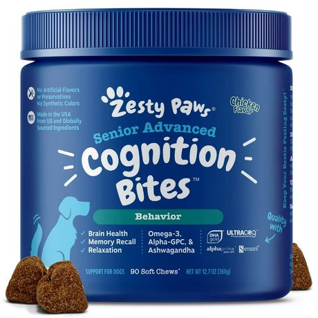 Zesty Paws Senior Advanced Cognition Behavior Bites for Senior Dogs, Chicken Flavor, 90 Count Soft Chews