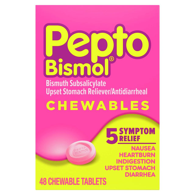 Pepto Bismol Chewable Tablets 5 Digestive Health Symptom Relief, Original Flavor 48 Count