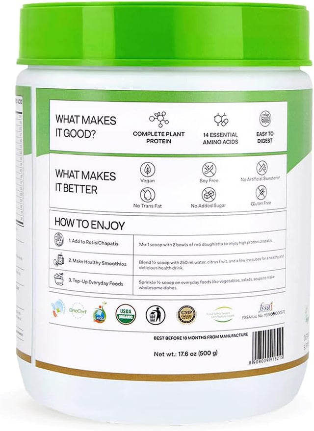 Organic Plant Protein Powder | 500 Gm | (30G Vegan Protein - Pea Protein A, Brown Rice Protein & Quinoa, Soy Free) for Everyday Fitness, Boosts Immunity, Unflavored (1.1 Lb)