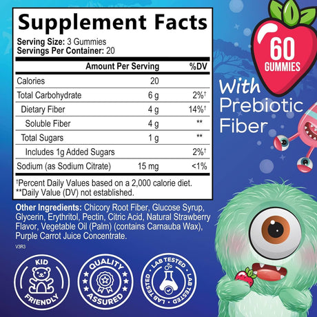 Kids Fiber Gummy Bears Supplement - Daily Prebiotic Fiber for Kids, Supports Regularity, Digestive Health & Immune Support, Nature'S Plant Based Chicory Root Vitamins, Vegan, Berry Flavor, 60 Gummies