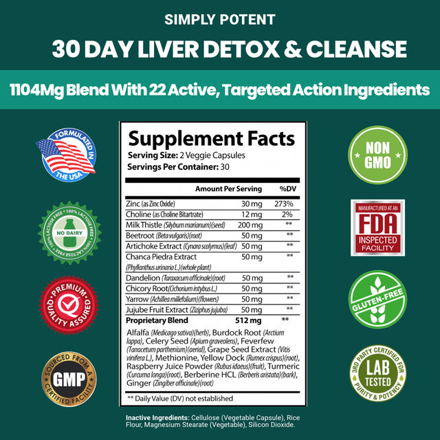 Liver Support Detox & Cleanse Supplement, 22 Ingredient Natural Liver Support with Milk Thistle, Dandelion, Turmeric, Ginger, Choline, Artichoke, Beet, Alfalfa, Zinc, Grape Seed & 13 More, 60 Capsules