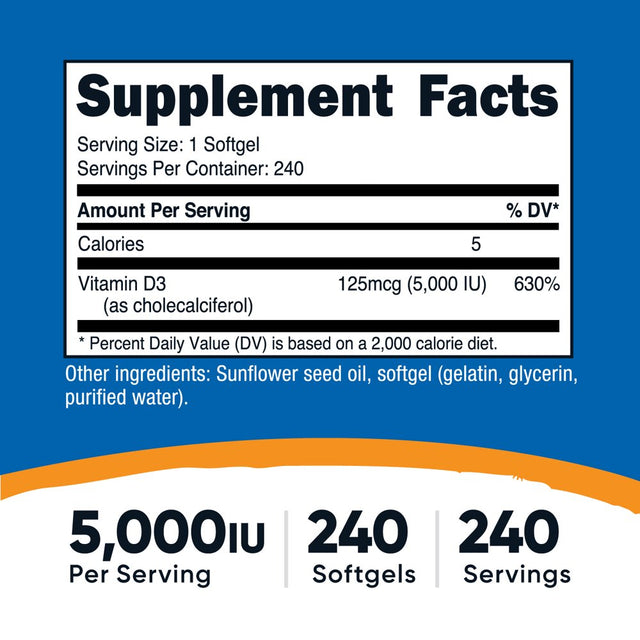 Nutricost Vitamin D3 5,000 IU, 240 Softgels - Non-Gmo Supplement