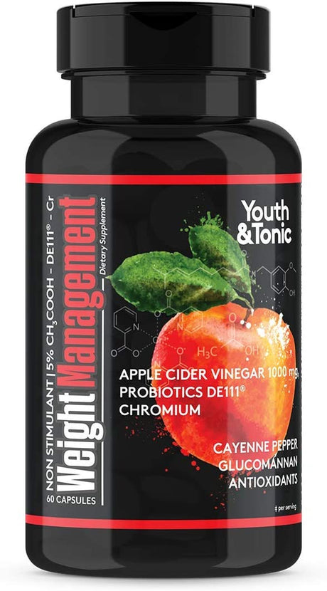 Youth & Tonic Natural Appetite Suppressant for Weight Loss / 1000 Mg Apple Cider Vinegar Pills with Glucomannan Chromium DE111 Probiotic for Women & Men / 60 Veggie Capsules