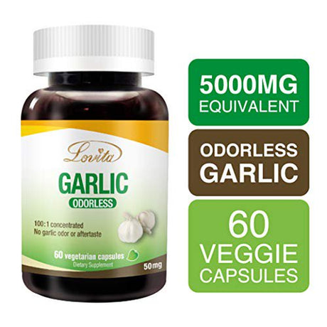 Lovita Odorless Garlic 5000Mg, Maximum Strength with 1.25% Allicin, Powerful Immune and Cardiovascular System Support Formula, 60 Vegetarian Capsules (Pack of 5)