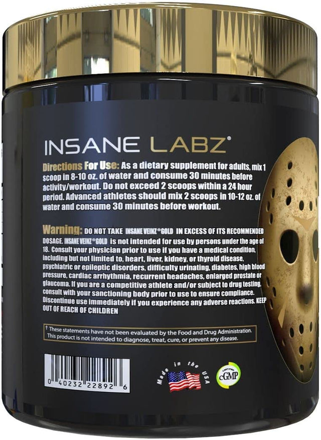 Insane Labz Insane Veinz Gold, Nitric Oxide Non Stimulant Pre Workout Powder, Loaded with Hydromax, Nitrosigine, Increases Vascularity and Blood Flow, 30 Srvgs, Grape