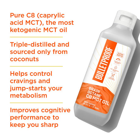 Brain Octane Premium C8 MCT Oil from Non-Gmo Coconuts, 14G Mcts, 32 Fl Oz, Bulletproof Keto Supplement for Sustained Energy, Appetite Control, Mental & Physical Energy, Non-Gmo, Vegan & Cruelty Free