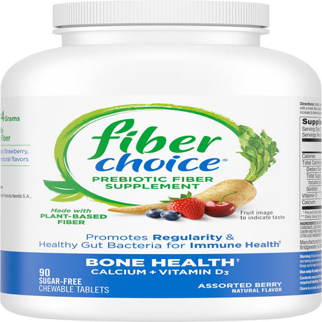 Fiber Choice Bone Health Daily Prebiotic Fiber Chewable Tablets, Excellent Source of Fiber, Calcium & Vitamin D3, Sugar-Free, #1 Gastroenterologist Recommended?, Helps Support Regularity, 90...