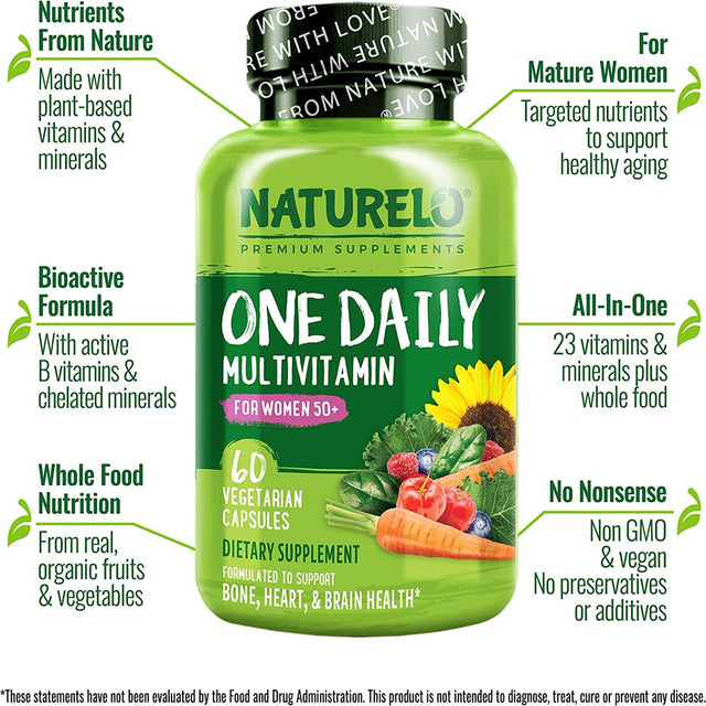 NATURELO One Daily Multivitamin for Women 50+ (Iron Free) - Menopause Support for Women over 50 - Whole Food Supplement - Non-Gmo - No Soy - 60 Capsules