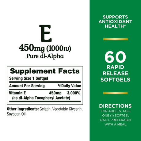 Nature’S Bounty Vitamin E 1000 IU Softgels for Heart Health Support, 60 Count