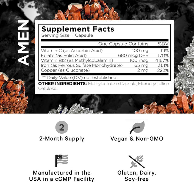 Amen Iron Ultra Supplement + Copper, Folate, Vitamin C & B12, Ferrous Sulfate 65Mg Iron Pills, 60 Ct