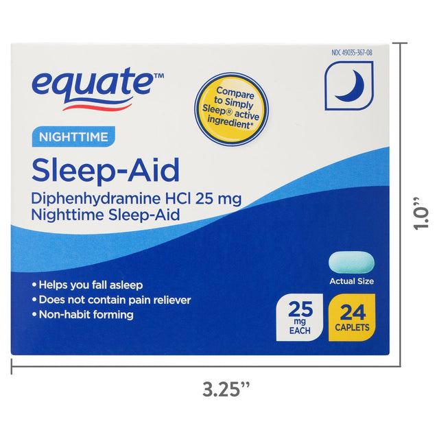 Equate Night-Time Sleep-Aid Diphenhydramine Caplets, 25 Mg, 24 Count