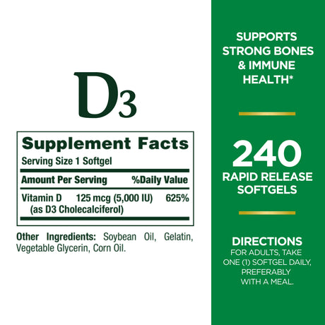 Nature’S Bounty Vitamin D3 5000 IU Softgels for Bone & Immune Support, 240 Ct