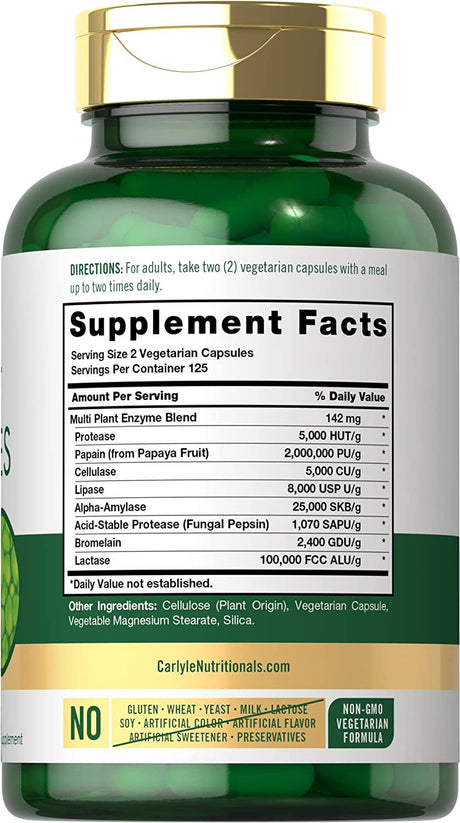 Plant Enzymes | 250 Capsules | 8 Enzyme Blend | Non-Gmo & Gluten Free Supplement | by Carlyle