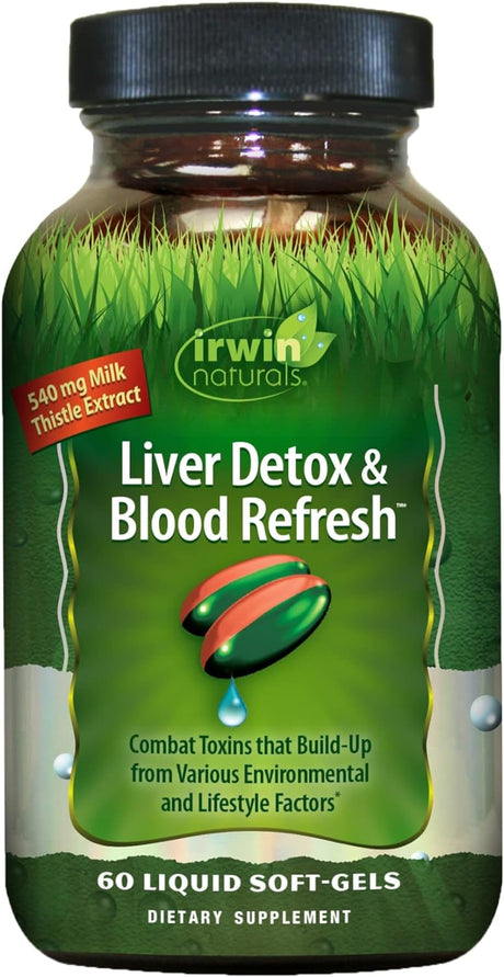 Irwin Naturals Liver Detox & Blood Refresh Powerful Herbal Whole-Body Cleanse & Detox with 540Mg Milk Thistle, Dandelion, Echinacea, Turmeric & More - Antioxidant Support - 60 Liquid Softgels