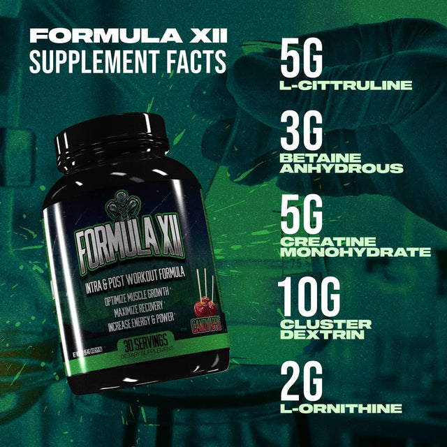 Huge Supplements, Formula XII Intra Workout Supplement Powder with Post Workout Recovery Formula, Helps to Build Lean Muscle Mass and Boosts Recovery (Candy Apple, 33 Oz)