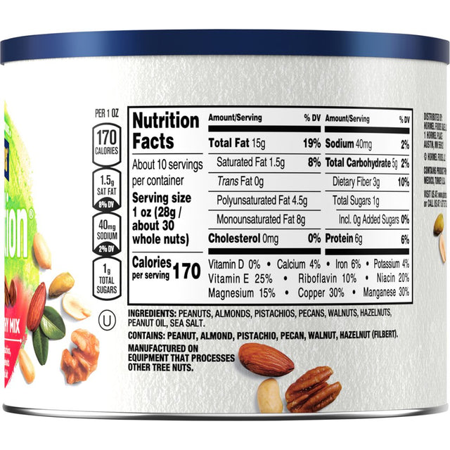 NUT-RITION Heart Healthy Nut Mix with Peanuts, Almonds, Pistachios, Pecans, Walnuts, Hazelnuts Sea Salt, 9.75 Oz Canister