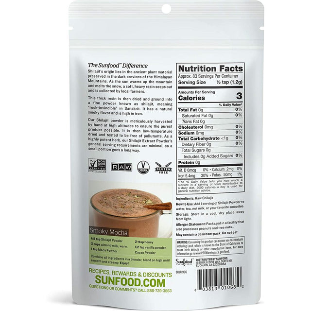 Sunfood Superfoods Raw Shilajit Superfood Powder with Calcium, 3.5 Oz