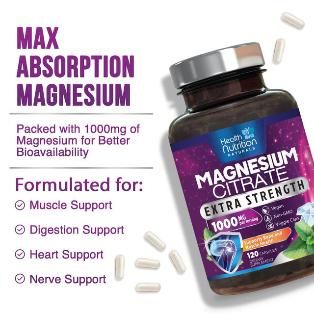 Magnesium Citrate Capsules 1000Mg - Max Absorption Magnesium Powder Capsules for Muscle, Nerve, Bone and Heart Health Support, High Absorption Citrate Complex, Gluten Free, Non-Gmo - 120 Capsules