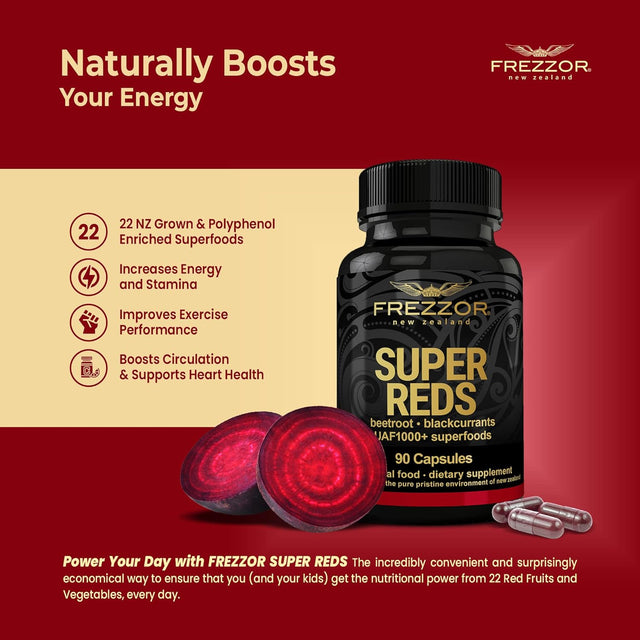 FREZZOR Super Reds Capsules with UAF1000+, All-Natural New Zealand Red Superfood Energy, Essential Red Fruits Veggies& Beets, Antioxidants, Enzymes, Energy Supplements, 540 Capsules, 6 Bottles