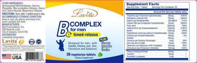 Lovita High Potent Vitamin B Complex for Men, Time Release, Premium Formula with Ginseng Extract, Lycopene, Taurine for Stress, Energy and Prostate Health, 30 Vegetarian Tablets (Pack of 3)