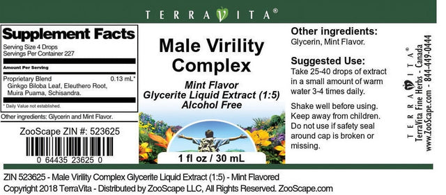 Terravita Male Virility Complex Glycerite Liquid Extract (1:5) - Mint Flavored, (Mint, 1 Oz, 1-Pack, Zin: 523625)