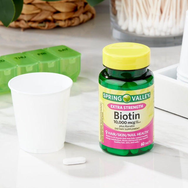 Spring Valley Extra Strength Biotin plus Keratin Tablets Dietary Supplement, 10,000 Mcg, 60 Count