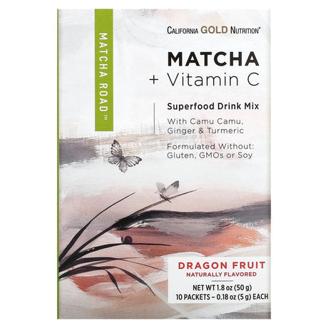 Matcha + Vitamin C Powder by California Gold Nutrition - Superfood Drink Mix with Green Tea, Camu Camu, Ginger, Turmeric, & Vitamin C - Gluten Free, Non-Gmo - 10 Packets - Dragon Fruit Flavor