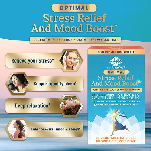 Nutricelebrity Optimal Stress Relief Supplement, Mood Support, Sleep Aid, Ashwagandha Organic, KSM-66, Brain Focus, Probiotics for Women, Gut Health, Vegan Non GMO 60 Days Supply