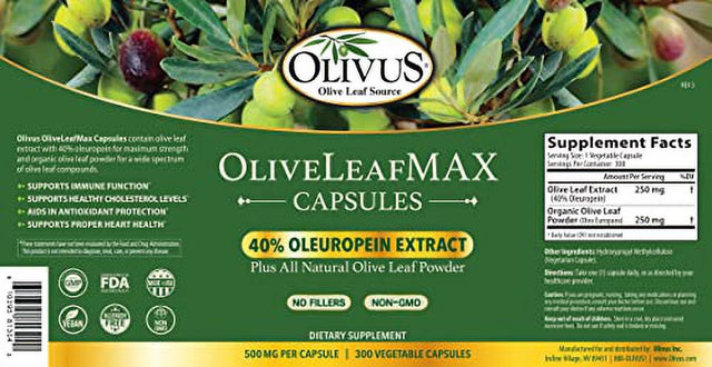 Oliveleafmax Olive Leaf Extract (40% Oleuroepin) + Organic Olive Leaf Powder + No Fillers + 300 Vegetarian Capsules + Sourced from Spain and Manufactured in USA at GMP Facility