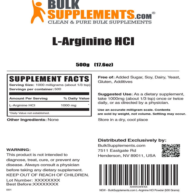 Bulksupplements.Com L-Arginine Hcl Powder, 1000Mg - Immune & Muscle Support (500G - 500 Servings)