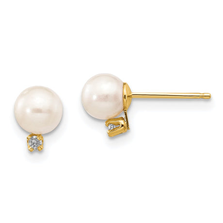 14K 5-6Mm White round Freshwater Cultured Pearl .02Ct Diamond Post Earrings XF514E