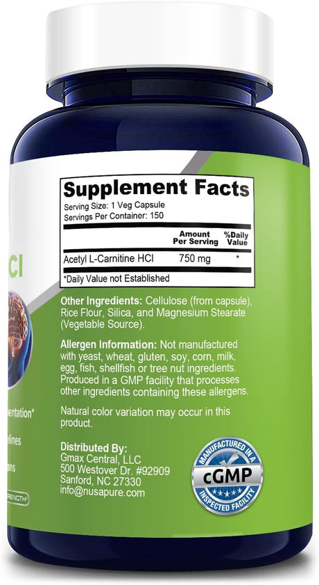 Nusapure Acetyl L-Carnitine 750Mg per Caps 150 Veggie Capsules (Non-Gmo, Gluten Free) High Potency Acetyl L Carnitine HCL (ALCAR)